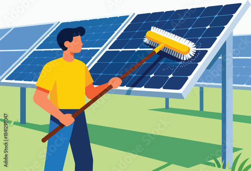 Person cleaning solar panels with a brush in a field