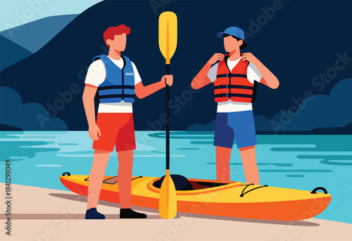 Two people with life vests prepare a bright yellow kayak on a beach