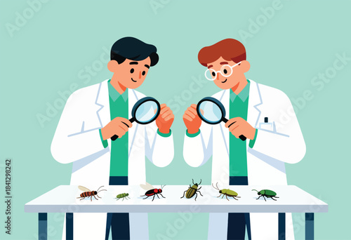 Two scientists in lab coats examine insects with magnifying glasses