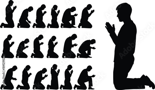 Praying silhouette vector set, kneeling worship icons, spiritual devotion poses, black flat figures, CAD drawing flat vector illustration