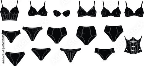 Women's lingerie silhouettes, bra and panty vector set, black flat icons, fashion underwear design, CAD drawing flat vector illustration