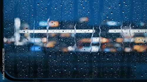 Raindrops on a train window at night with blurred city lights, atmospheric view