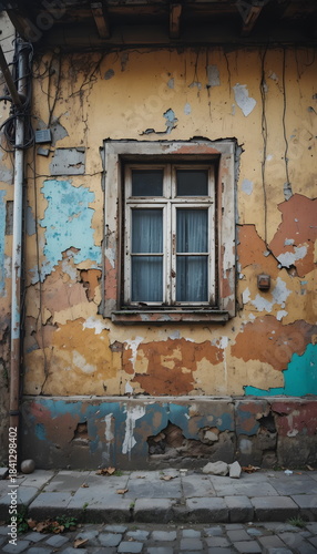 A weathered old building facade featuring a rustic window with peeling paint.