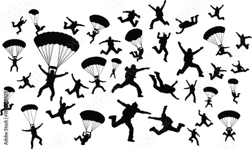 Skydiver silhouette vector set, parachute icons, freefall poses, extreme sport design, black flat figures, CAD drawing flat vector illustration
