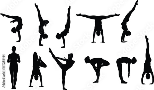 Collection of yoga poses silhouettes handstands, balance, and stretching figures for fitness and wellness concepts