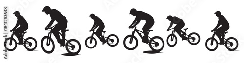  jumping bicyclist silhouettes in black on white background