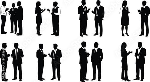 Business people silhouettes set, corporate team meeting, professional men and women talking, networking group, isolated vector illustration on white background.