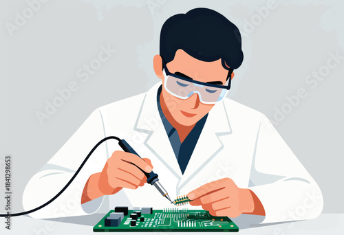 Person in lab coat and safety glasses soldering an electronic circuit board