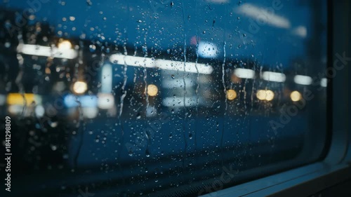 Raindrops on a train window at night, blurry city lights in the background, Moody train journey through the rain
