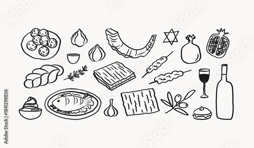 Jewish cuisine and religious holidays. Hand drawn illustration. Doodle with stuffed fish, hummus, Shofar horn, falafel, challah, matzah, sweets, David star. Festive food for Hanukkah, Tu Bishvat