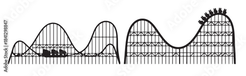 two black silhouette roller coasters one showing passengers 