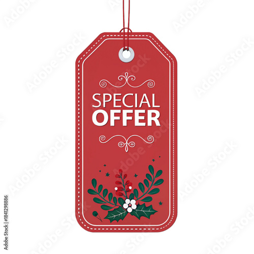 Christmas Price Tag Vector Illustration, Red Vertical Hanging Label, Special Offer, Flat Minimal Design