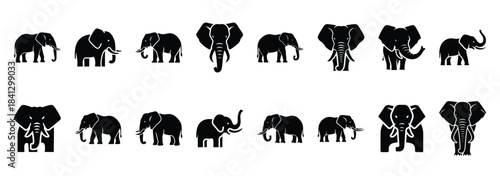 Set of vector big nose elephant  icon in silhouettes