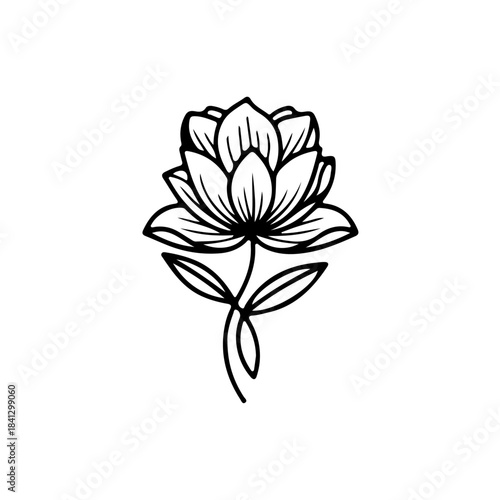 Elegant black and white line art illustration of a blooming lotus flower with stem and leaves, isolated on white isolated on transparent background