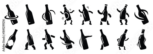 Set of vector dancing bottle  icon in silhouettes