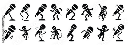 Set of vector dancing microphone  icon in silhouettes