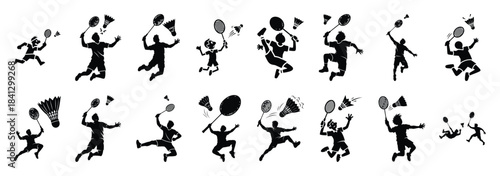 Set of vector funny badminton  icon in silhouettes