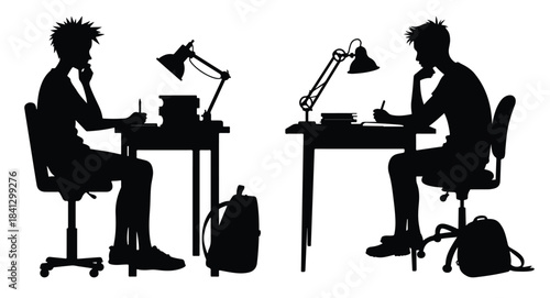 Two students studying at desks with lamps and backpacks