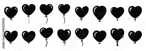 Set of vector funny balloon heart  icon in silhouettes