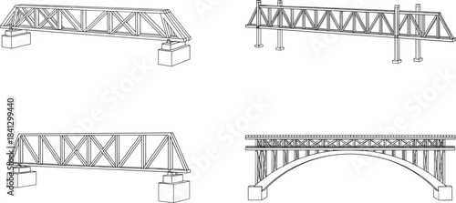 Engineering blueprints of bridge structures and gear mechanisms, technical diagrams and components set.
