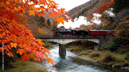 Steam train crossing a bridge amidst vibrant autumn foliage, Serene river flowing below vibrant fall colors, Autumn train journey through colorful mountains