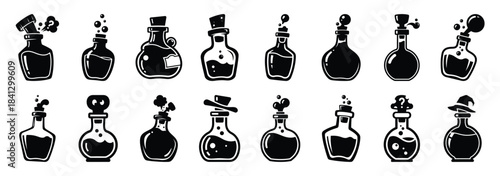 Set of vector funny potion bottle  icon in silhouettes