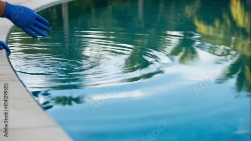 Person in blue glove checking water quality. Hand touching pool surface. Water testing for purity and hygiene concept.
