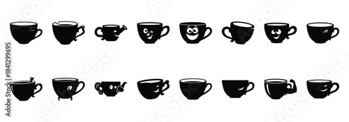 Set of vector funny tea cup  icon in silhouettes