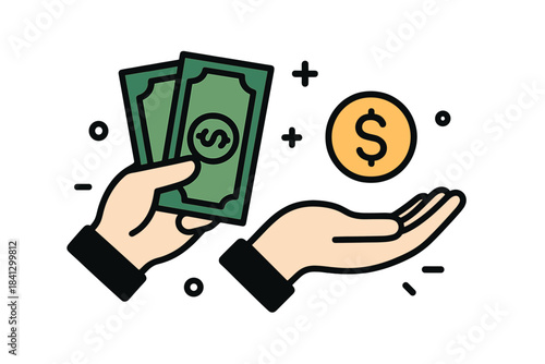 Money exchange with cash and a coin in a vector illustration
