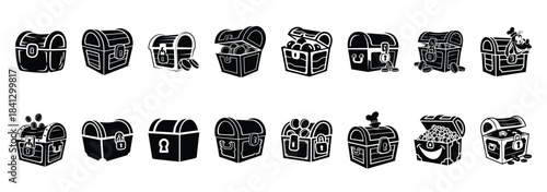 Set of vector goofy treasure chest  icon in silhouettes