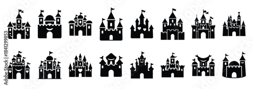 Set of vector happy castle  icon in silhouettes