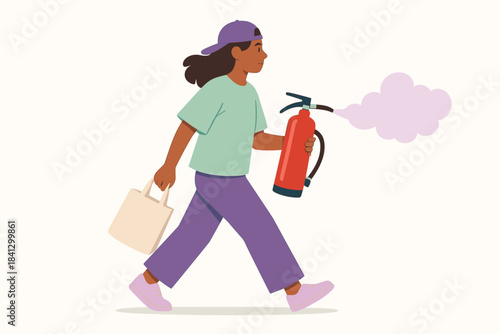 Young girl walking with a fire extinguisher and bag in hand