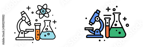 Vector illustration of laboratory equipment with microscope and flasks