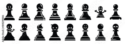 Set of vector happy chess pawn  icon in silhouettes