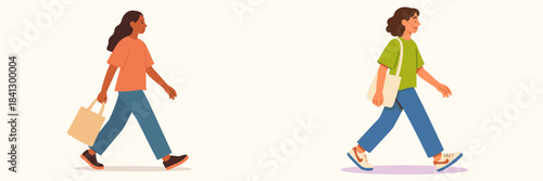 Stylish women walking with shopping bags in casual attire