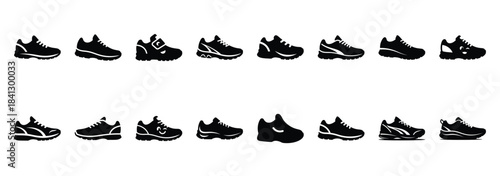 Set of vector happy running shoe  icon in silhouettes