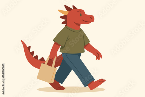 Red dragon character walking with a bag in casual attire