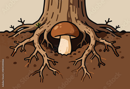A mushroom grows near the exposed, tangled roots of a tree trunk