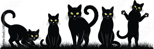 Black cat silhouette, yellow eyes, Halloween theme, feline pose, grass background, spooky vector, pet art, playful posture, stylized animal, illustration