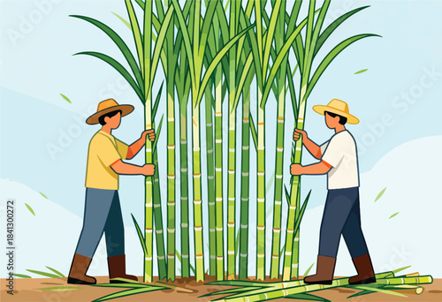 Two farmers harvest tall sugar cane stalks under a clear blue sky