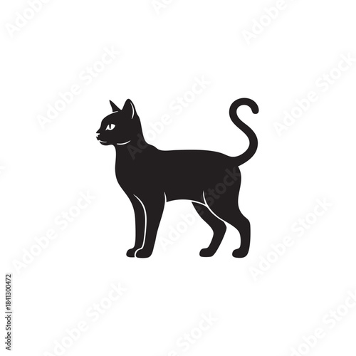 Black cat silhouette vector. Standing feline side view with curved tail. Halloween animal icon isolated on white background.