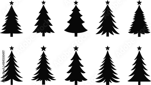 Christmas Tree Silhouette Icon Set, Ten Different Styles with Star Topper, Black Vector Graphics, Holiday Decoration Collection