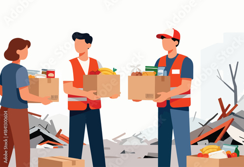 A person receives a box of food from two volunteers in vests