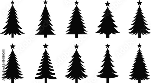 Christmas Tree Silhouettes Set with Star Topper, Different Styles, Black Icons Isolated on White, Holiday Vector Collection