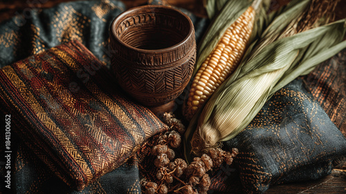 Traditional Kwanzaa holiday symbols with wooden unity cup and dried corn cob on dark woven fabric textile for cultural heritage celebration