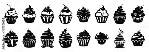 Set of vector silly cupcake  icon in silhouettes