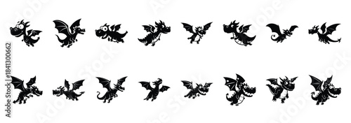 Set of vector silly dragon flying  icon in silhouettes