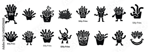 Set of vector silly fries  icon in silhouettes