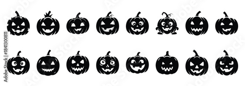 Set of vector silly pumpkin  icon in silhouettes