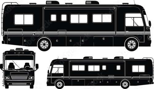 Class A Motorhome RV Silhouette Vector Set, Side and Front View, Recreation Vehicle, Travel, Camper, Vacation Icon